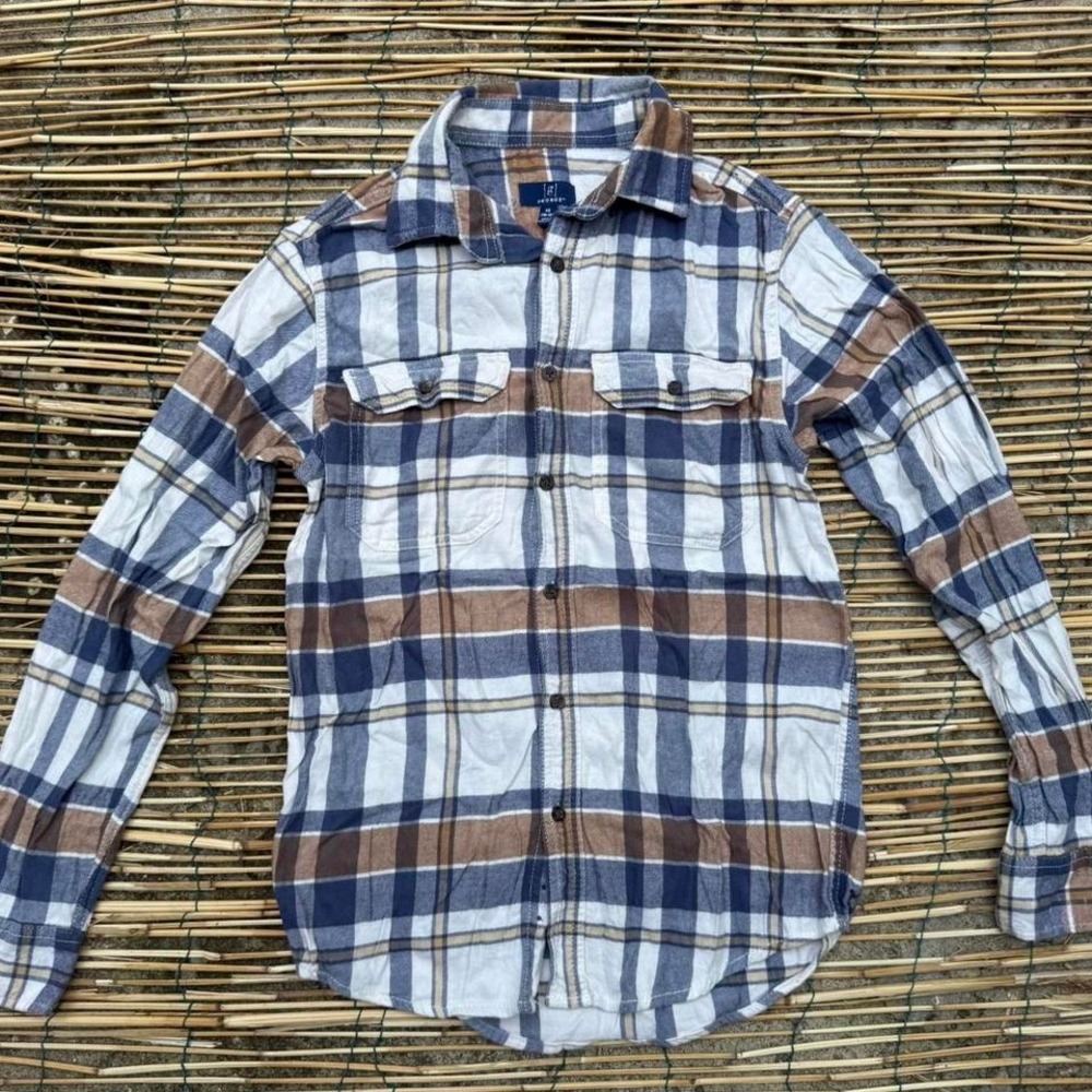 Plaid Flannel Shirt Brown Blue White Size XS Long Sleeve Pockets Woods